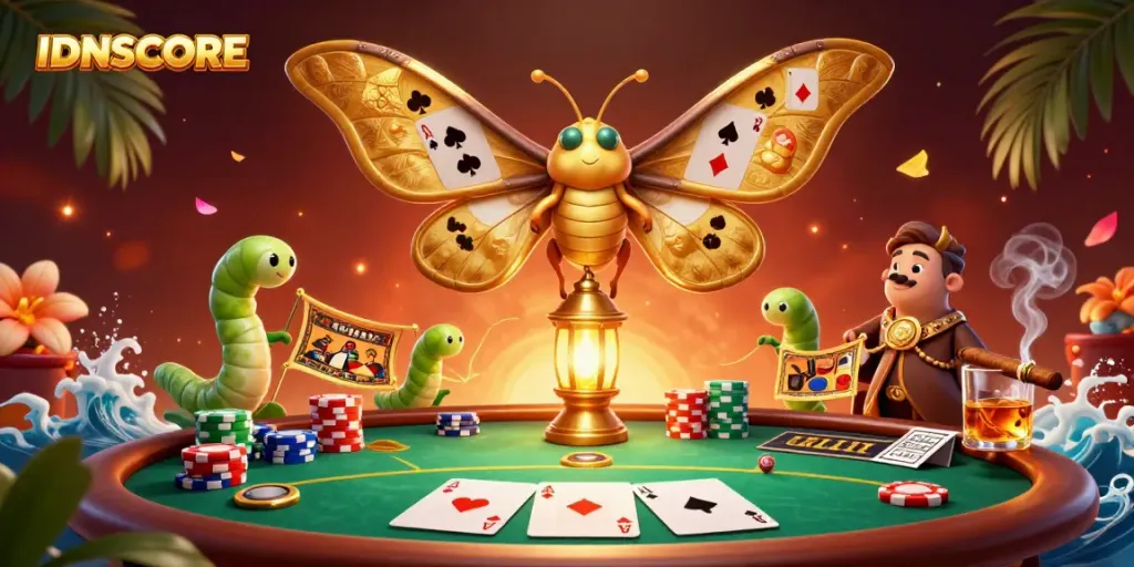 Experience thrilling gaming action with IDNSCORE featuring a 3D butterfly and vibrant poker scene.