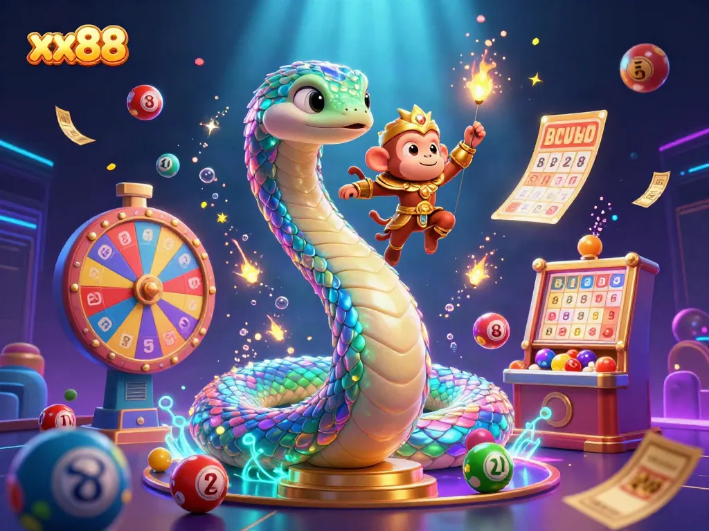 Engage with the xx88 casino experience, featuring a vibrant scene of a magical serpent and lottery elements.