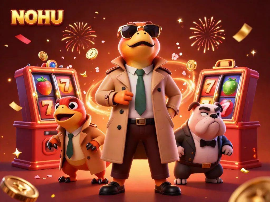 Engaging scene with NOHU animated characters and lucky slot symbols in a vibrant casino setting