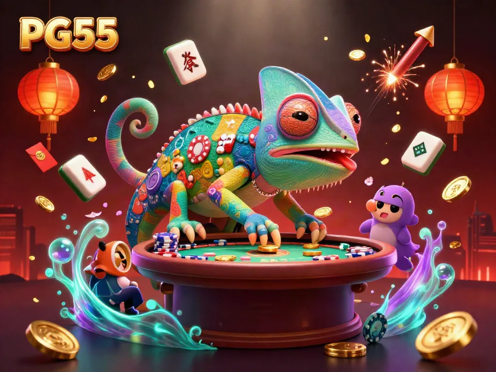PG55 casino scene showcasing a colorful chameleon owner collecting coins and surrounded by festive game elements.