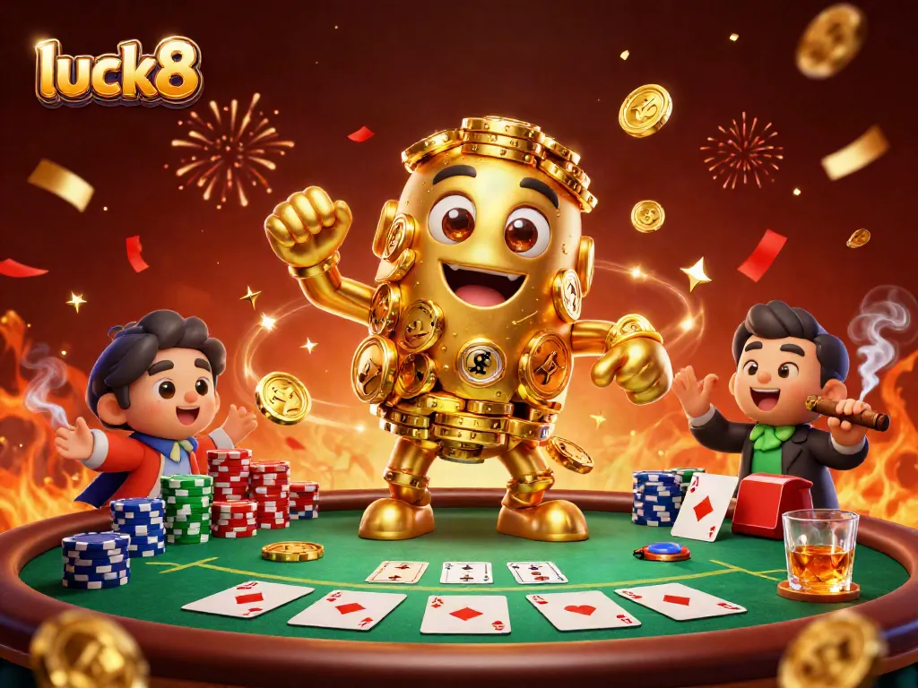 Engage with thrilling gambling action at luck8, featuring a golden golem and vibrant poker elements.