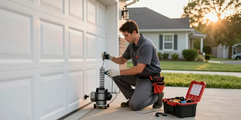 Garage door technician examining a faulty spring and motor components in a suburban home setting, demonstrating expert repair skills.