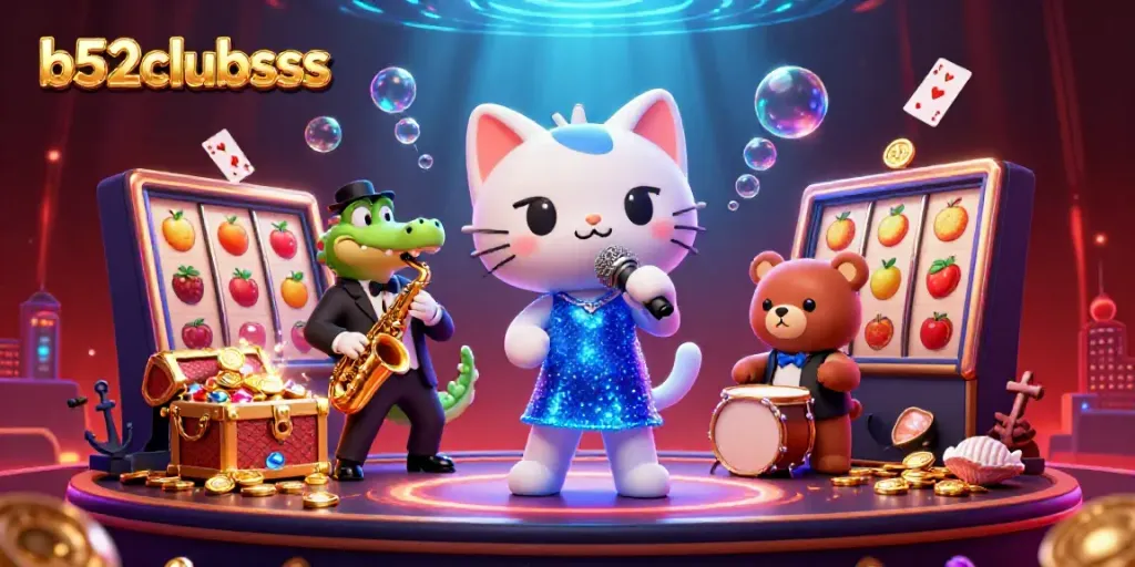 Experience vibrant gaming with b52clubsss in a lively casino scene featuring a jazz cat, crocodile, and bear.