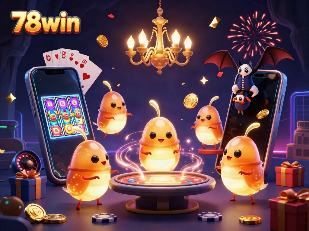 Experience shining excitement with 78win in this vibrant casino scene featuring glowworms and a bat dealer.