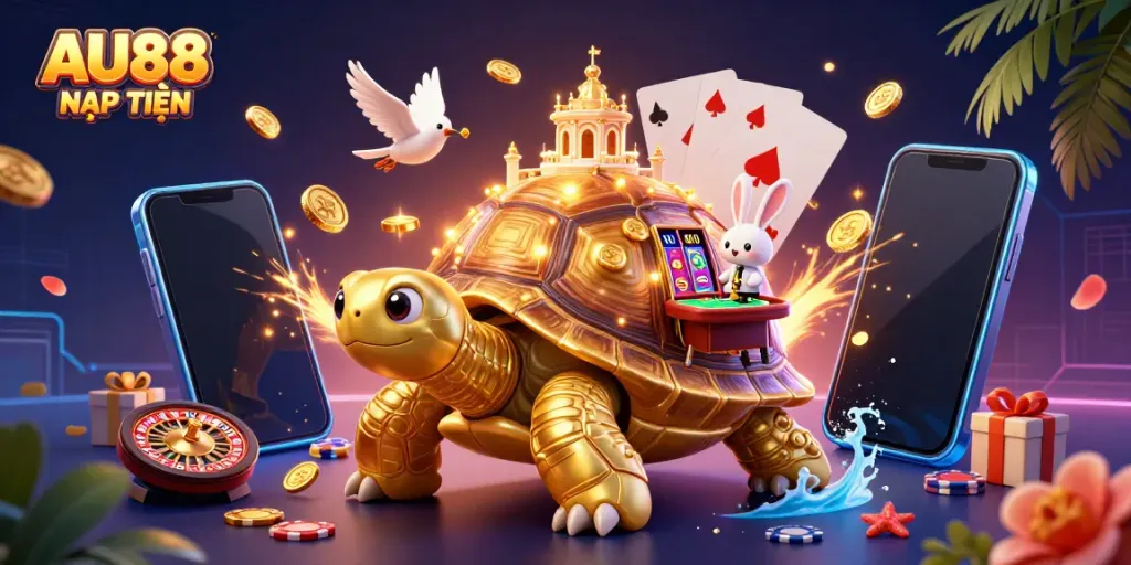 Boost your game with AU88 NẠP TIỀN featuring a dynamic casino scene with gold coins and playful characters.