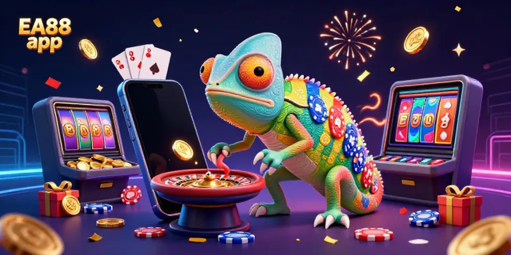 Engage with the EA88 app featuring a colorful casino scene with a chameleon owner, games, and golden rewards.
