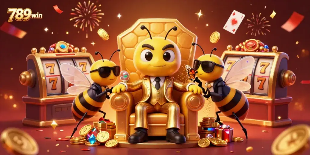 Experience thrilling excitement at 789win with a dynamic casino scene, featuring a bumblebee mob boss and gaming elements.