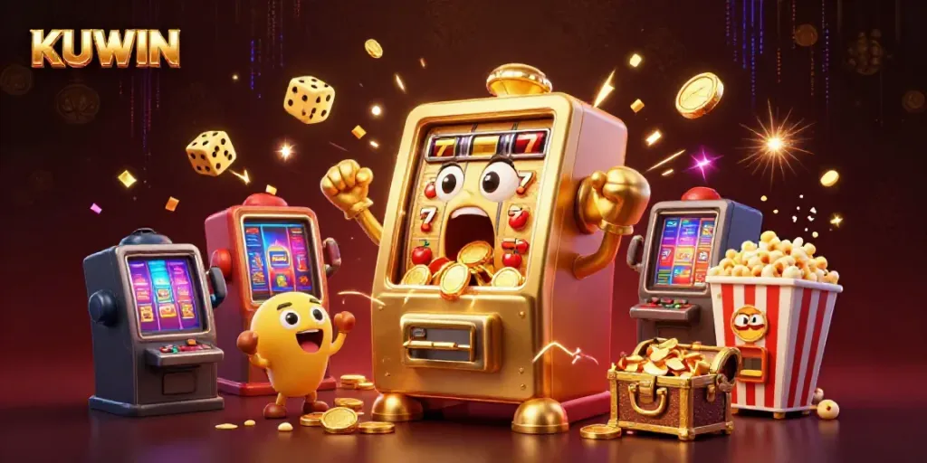 Experience the excitement of KUWIN as cartoon slot machines celebrate a jackpot, bursting with coins and casino elements!