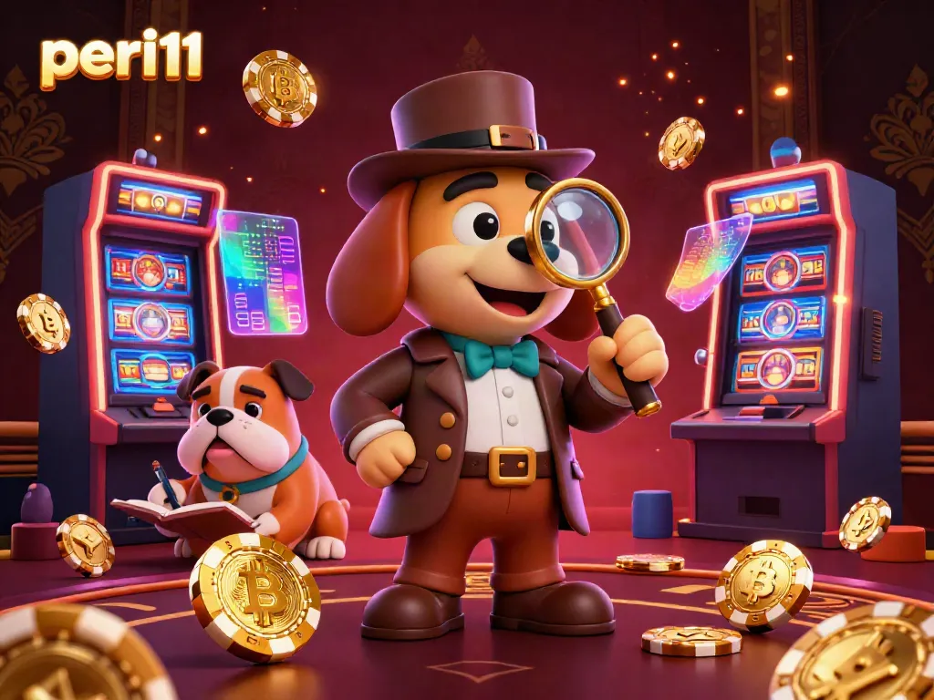 Engage with peri11 as a detective dog examines a golden poker chip in a bustling casino scene.