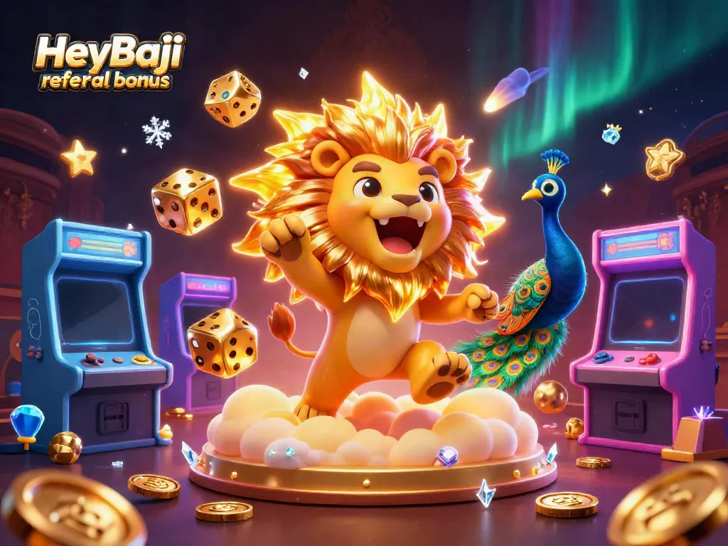 Experience the thrill of the HeyBaji referral bonus with vibrant casino-themed visuals and characters.