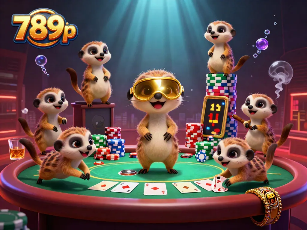 Meerkats operating a lively casino, showcasing vibrant poker tables and colorful chips, embodying 789p's dynamic spirit.