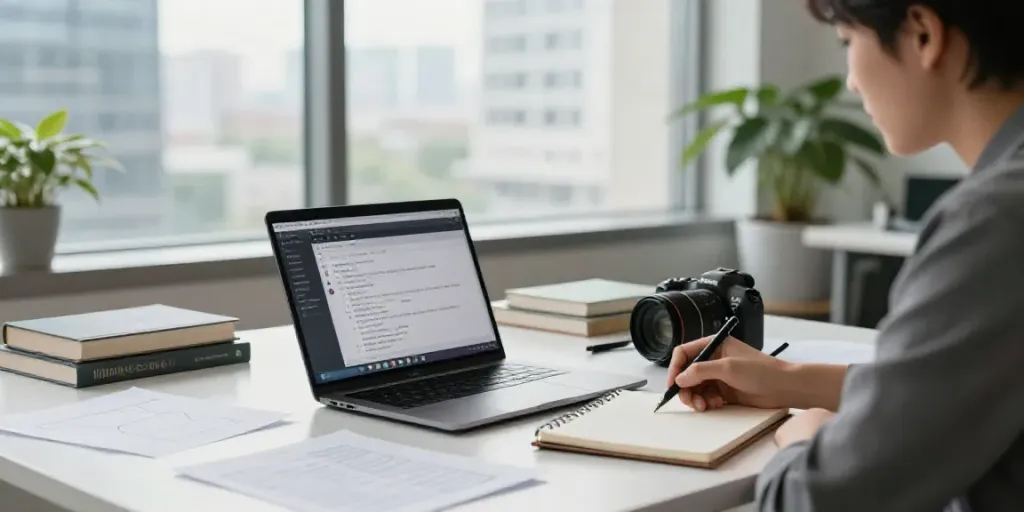 Writer learning how to create thought leadership articles with AI at a modern workspace.
