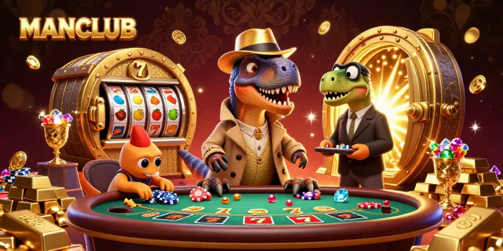 Engage with MANCLUB in a vibrant casino setting, featuring cartoon dinosaurs and rich gaming elements.