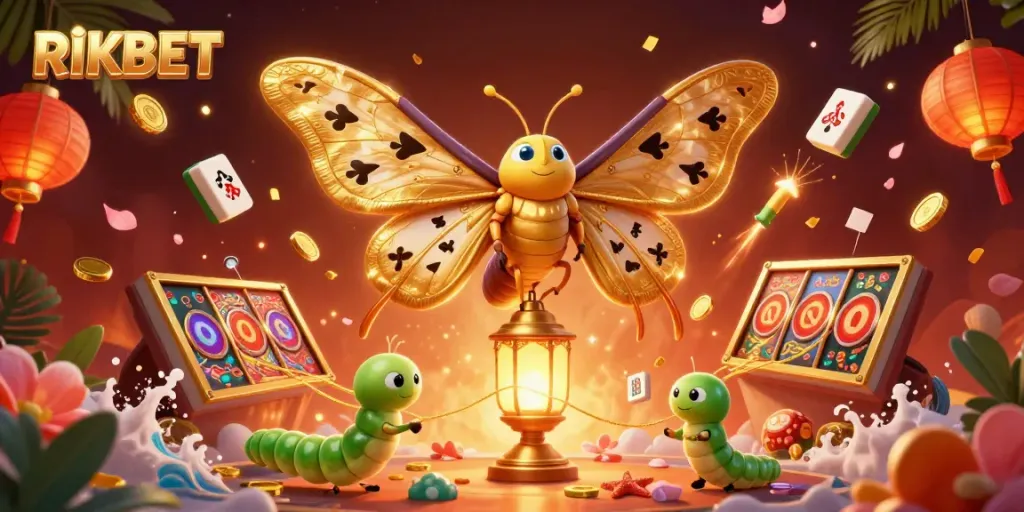 Experience the excitement at RIKBET with vibrant casino-themed illustration featuring golden moths and lucky symbols.