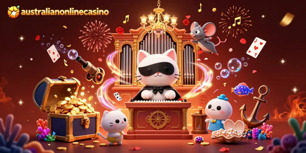 Experience thrilling gameplay at australianonlinecasino with lively casino characters and festive elements.