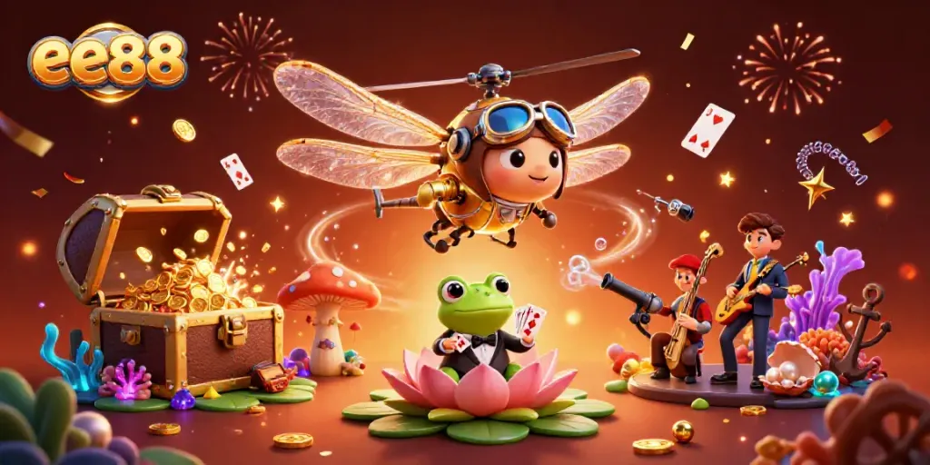 Experience thrilling games at ee88 with a dynamic casino scene featuring fun characters and vibrant visuals.