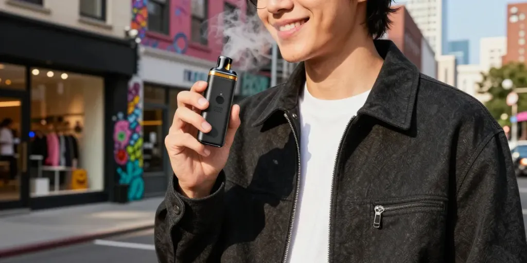 Boutiq Switch Gum Disposable showcased in a vibrant urban scene with a stylish person enjoying cannabis vaping.