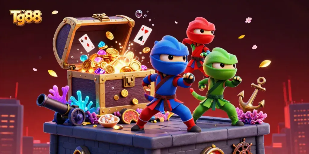 Tg88 chameleon ninjas performing martial arts amidst treasure and glowing cards in a vibrant casino scene.