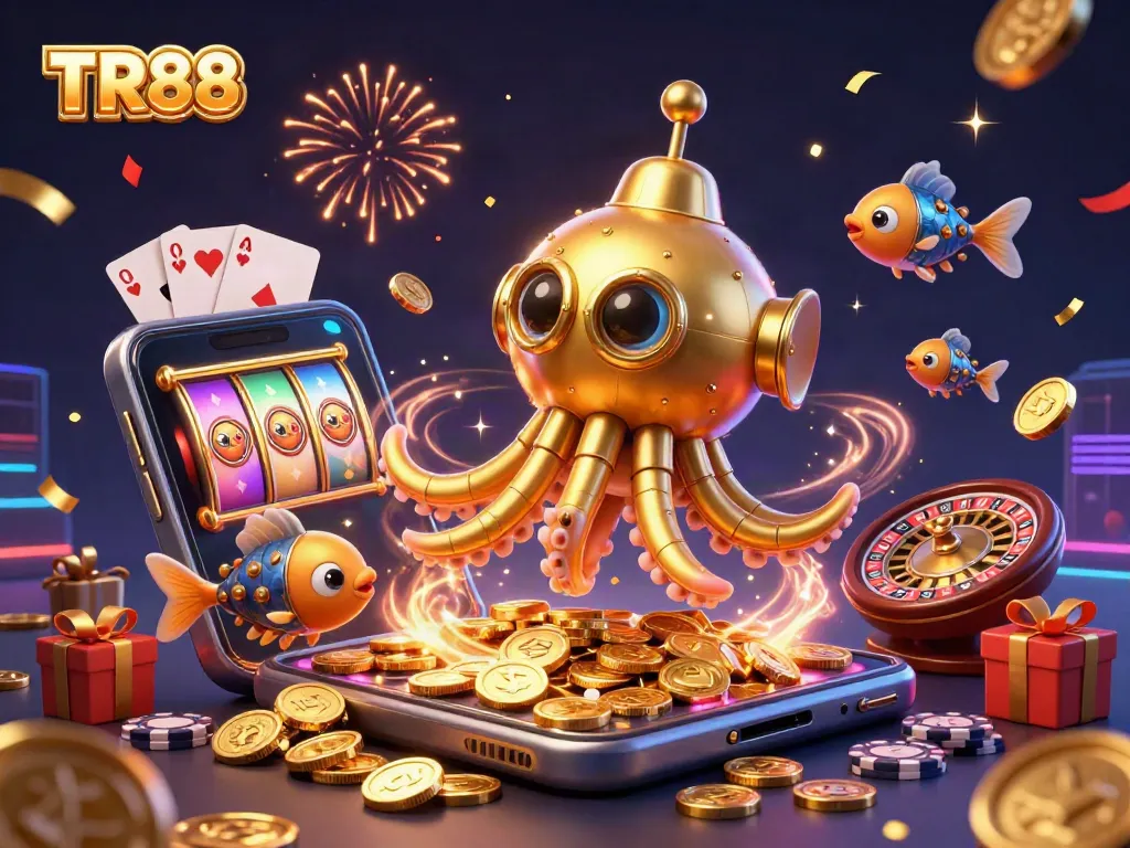 Experience TR88's thrilling golden kraken submarine adventure with vibrant games and festive elements!
