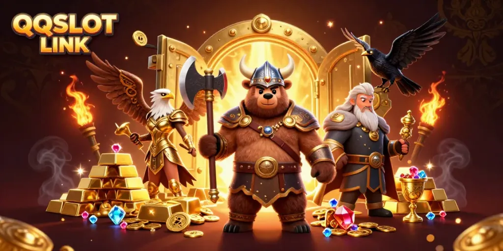 Experience thrilling excitement with QQSLOT LINK as Viking bear and Valkyrie eagle guard treasure in 3D illustration.