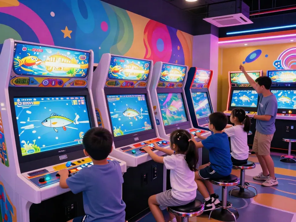 Exciting gaming arcade scene showing players immersed in lại là Bắn cá đổi thưởng fishing games.