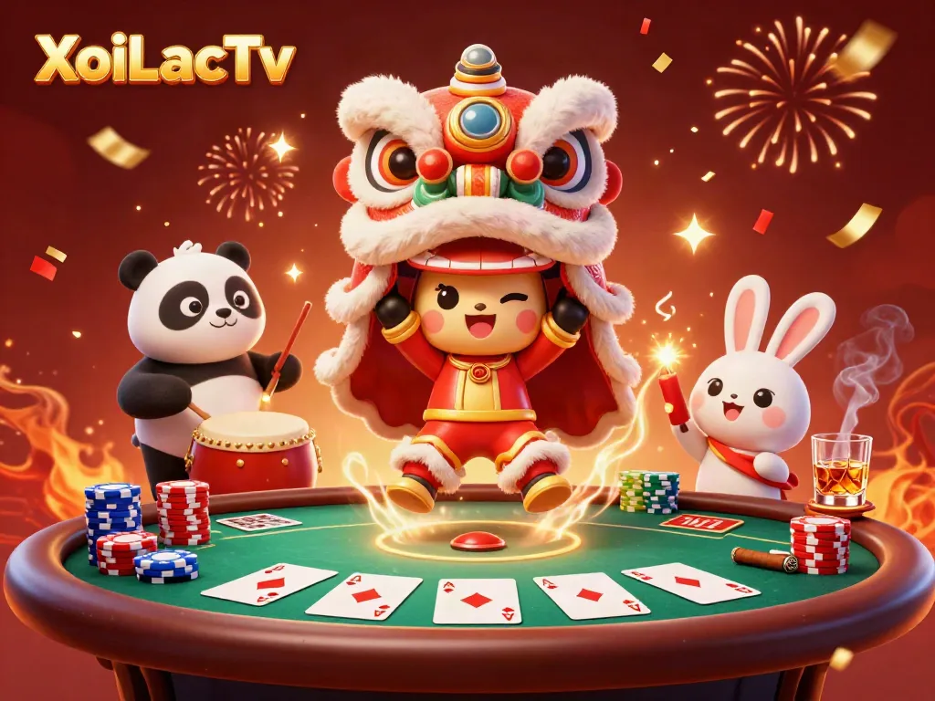 XoiLacTv showcases a lively casino scene with a lion dance, poker chips, and cards.