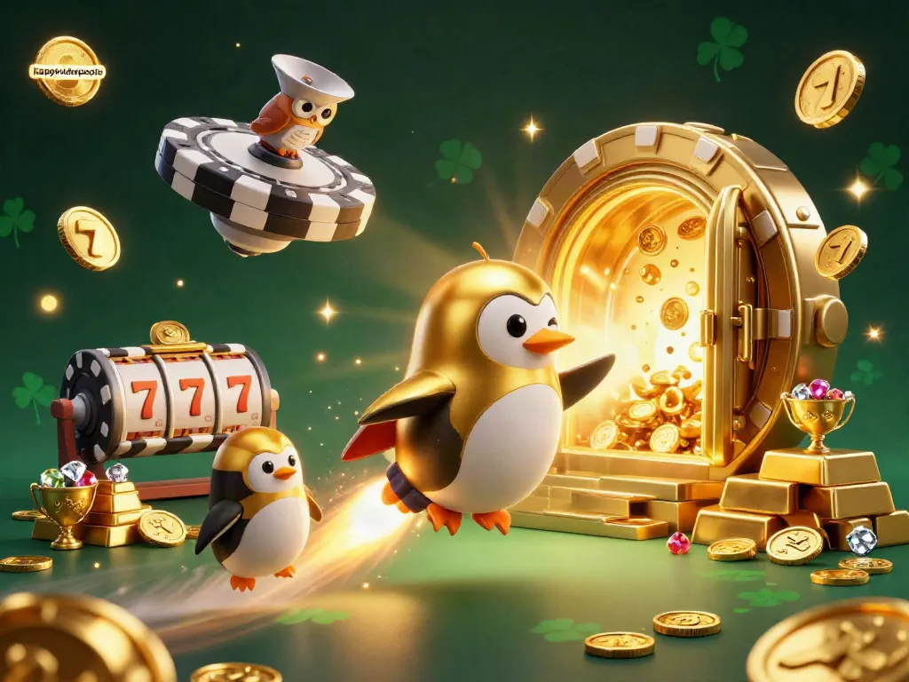 Spin to win with happyolderpeople featuring a golden penguin and treasure in a vibrant casino scene.