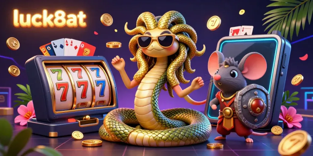 Experience the excitement of luck8at with Medusa and a warrior mouse amid vibrant slot and casino elements.
