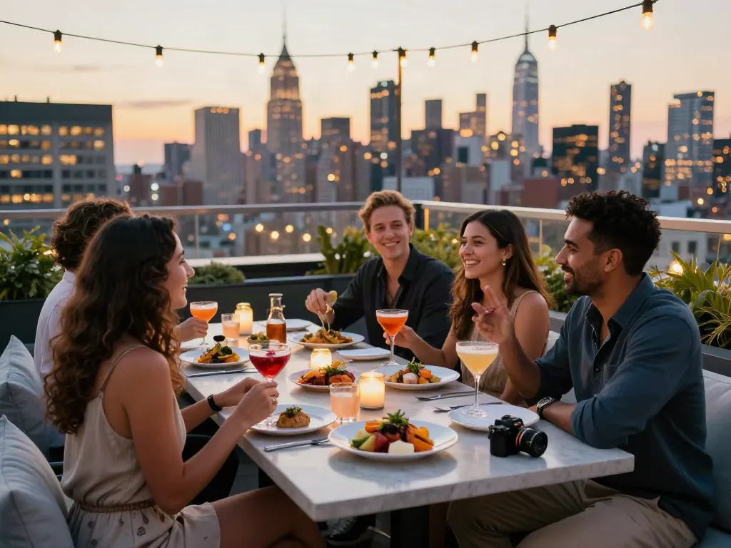 Friends enjoying cocktails and views at NoHu Rooftop Bar during golden hour