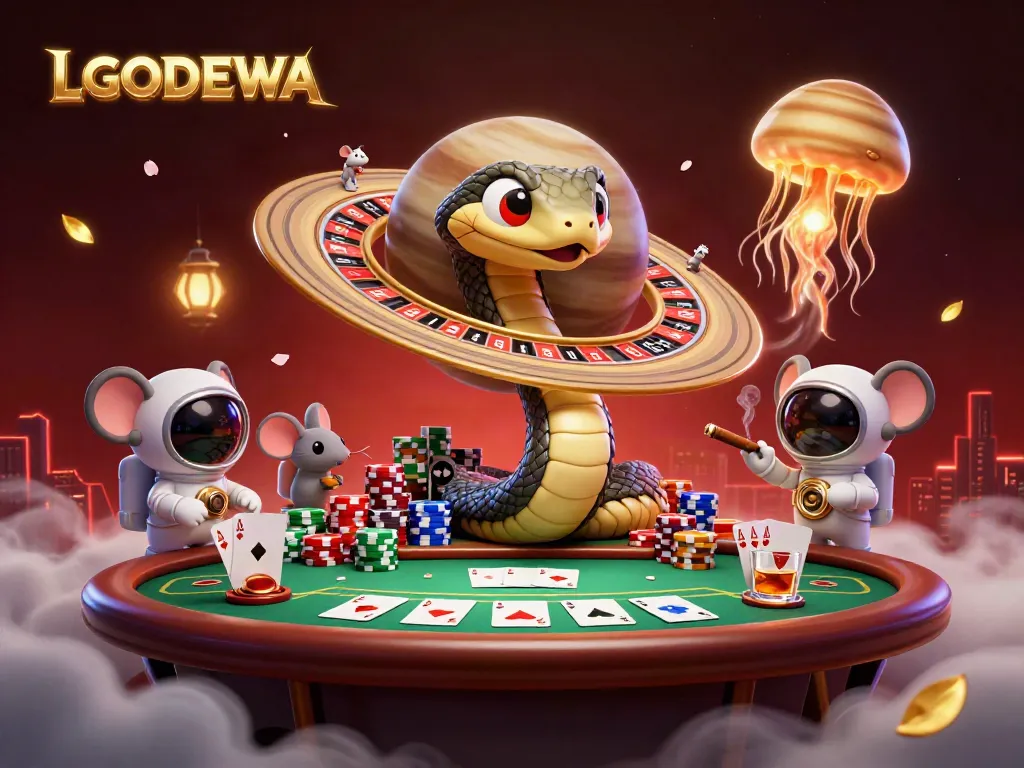 Engage with LGODEWA's thrilling universe through vibrant 3D illustration of interstellar gambling excitement.