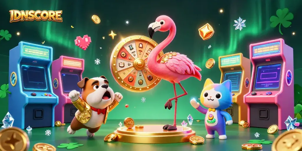 Spin the golden prize wheel with IDNSCORE as the excited bulldog and cat reveal winnings in this vibrant casino scene.