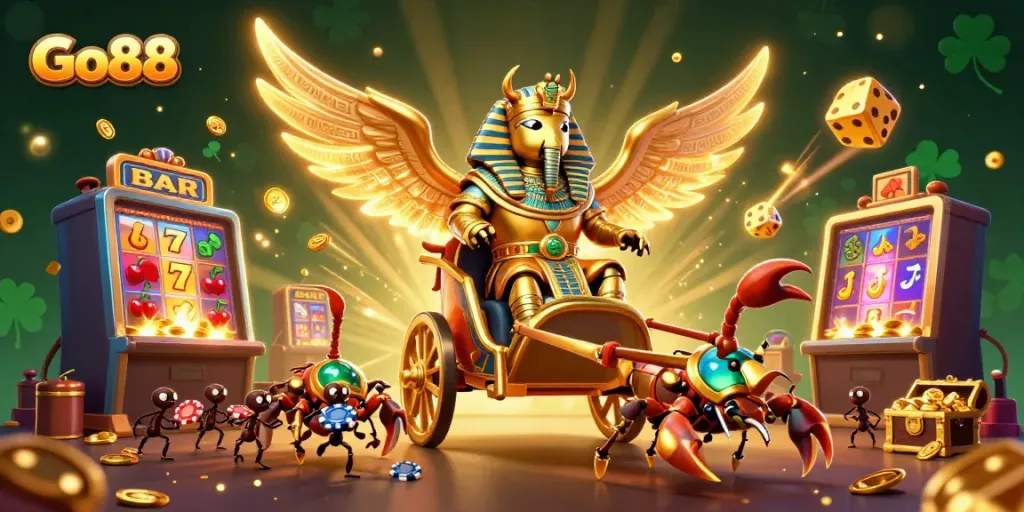 Experience the thrilling world of Go88 with a dynamic illustration of a golden scarab riding a chariot and slot machines bursting with prizes.