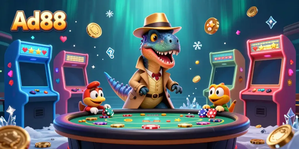 Ad88 illustrates a humorous casino scene with a velociraptor card counter and stegosaurus pit boss.