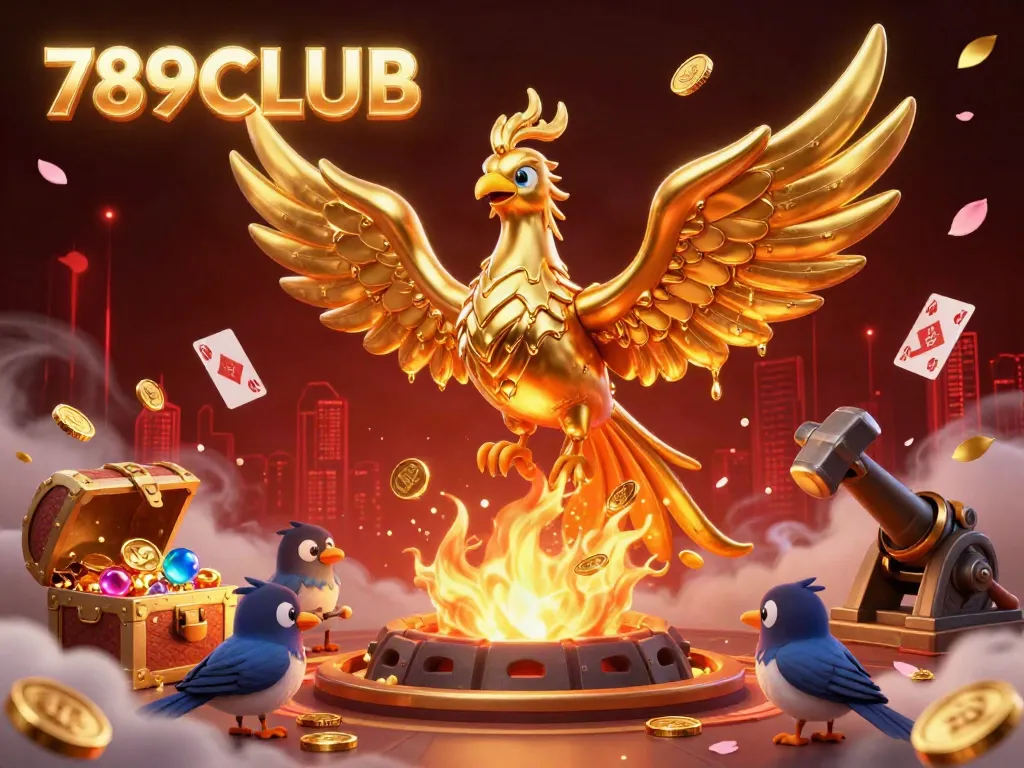 Experience thrilling gaming action at 789CLUB with a golden phoenix, sparrows, and treasure featured in a vibrant casino scene.