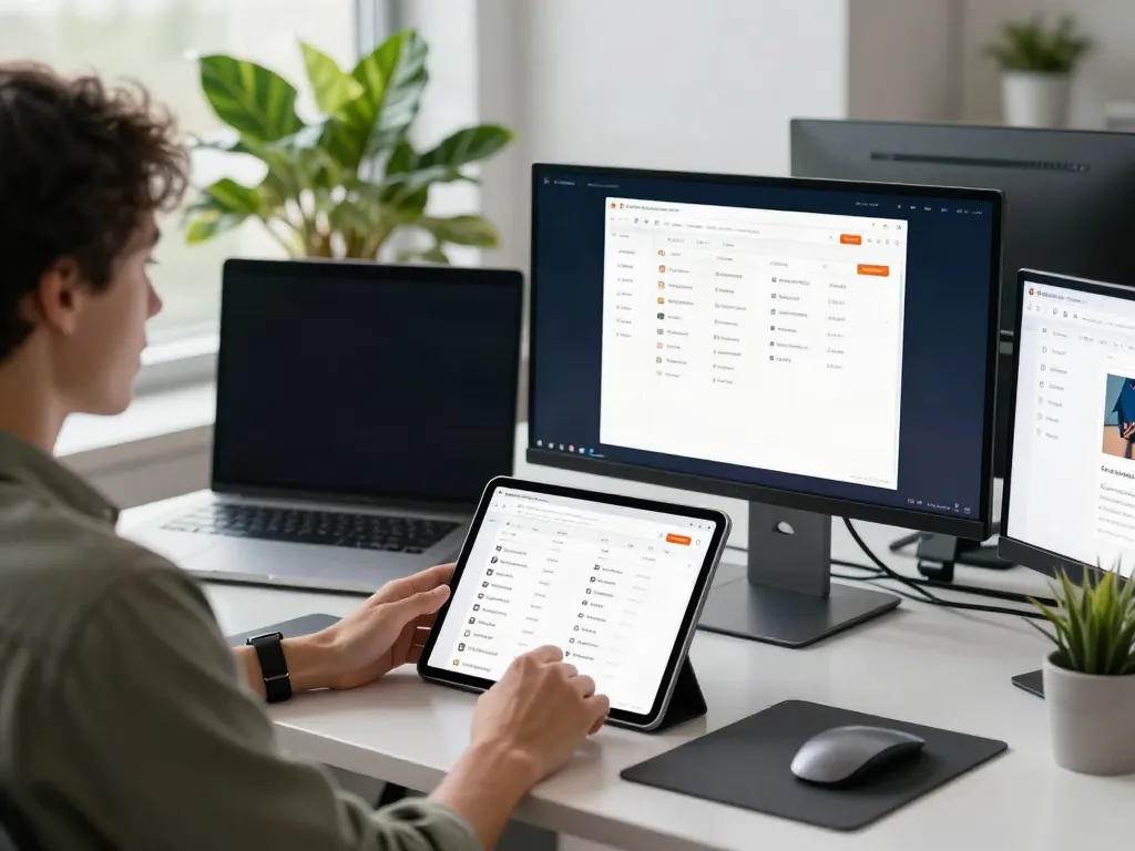 User navigating 최신주소 resources on multiple screens in a modern workspace.
