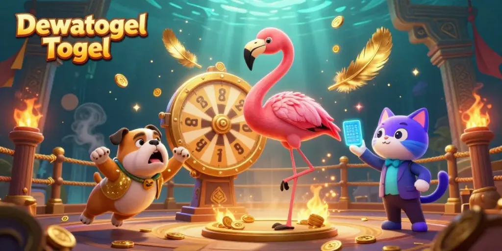Dewatogel Togel showcases an exciting scene with vibrant characters and gold elements in a casino setting.