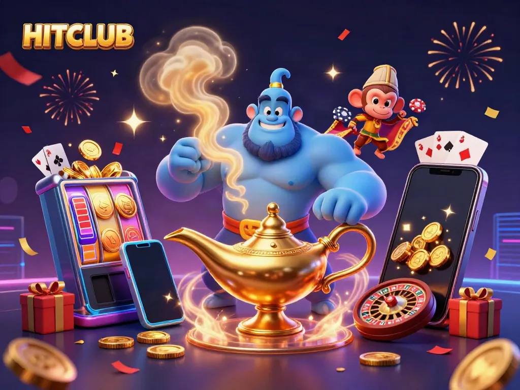 Experience the excitement of HITCLUB with this 3D illustration of a genie, monkey, and flying poker chips.