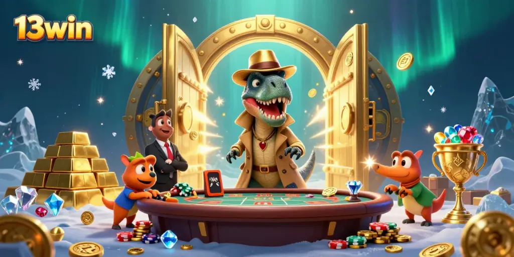 13win velociraptor card counter and stegosaurus pit boss in a vibrant casino scene with treasure.