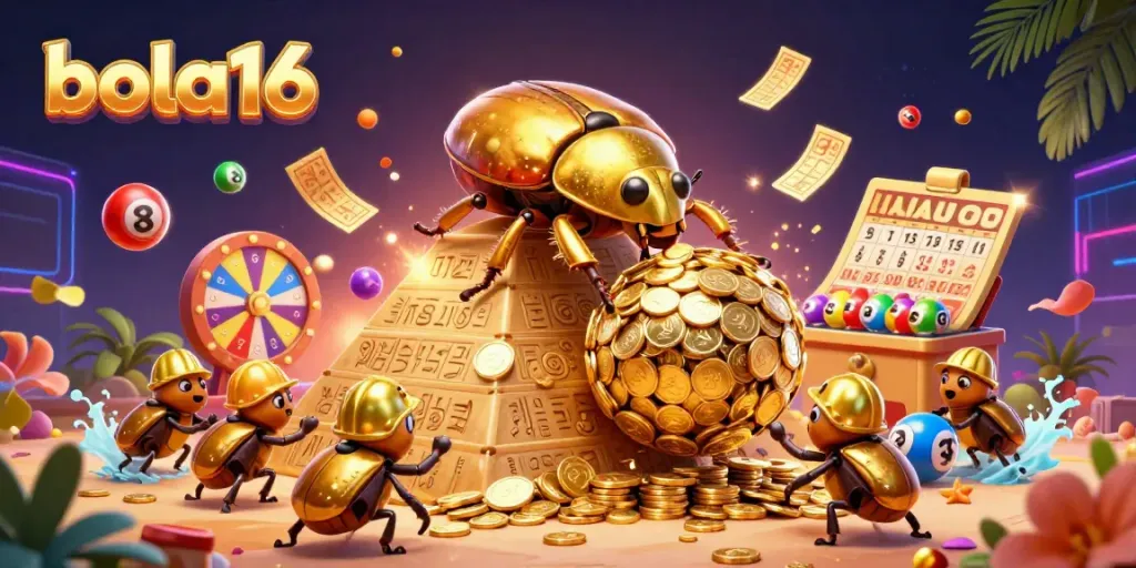 Engage with the thrilling world of bola16 through this vibrant 3D illustration depicting a golden dung beetle amidst dynamic gaming elements.