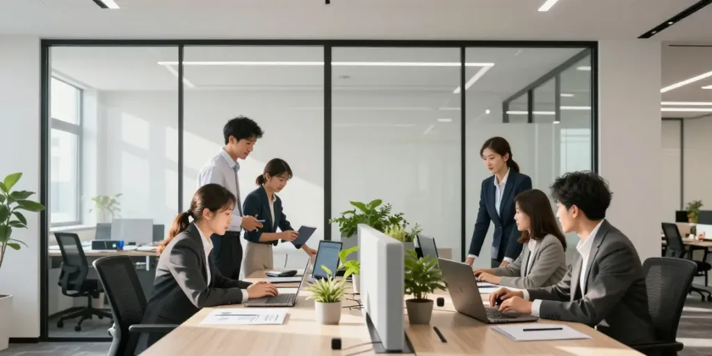 Double-glazed partition enhancing soundproof office collaboration.