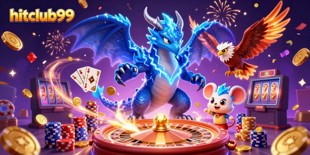 Engage with hitclub99's thrilling gaming scene featuring exciting characters and vibrant casino elements.
