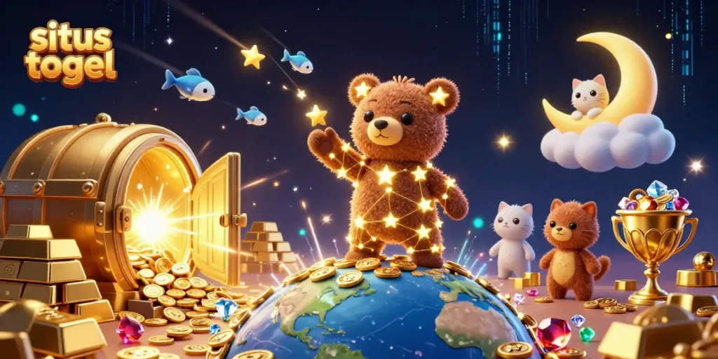 Engage in situs togel excitement with a cartoon constellation bear surrounded by treasures and a night sky.