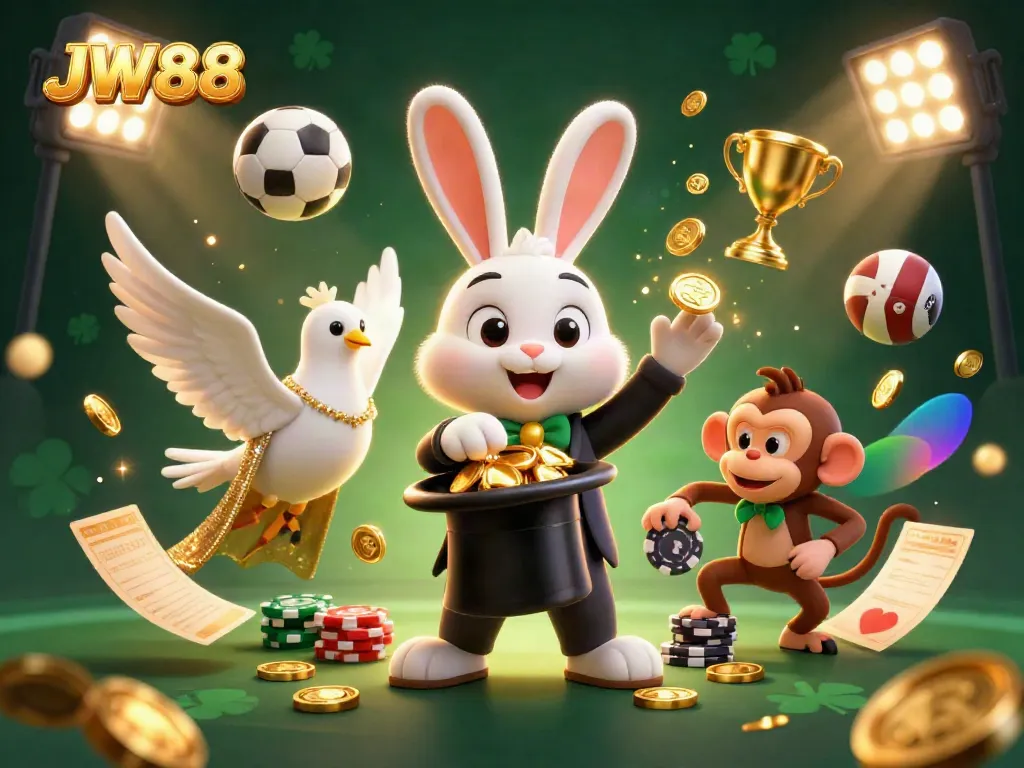 Witness JW88's thrilling casino experience with a magician rabbit, a dove, and a monkey amidst gambling excitement.