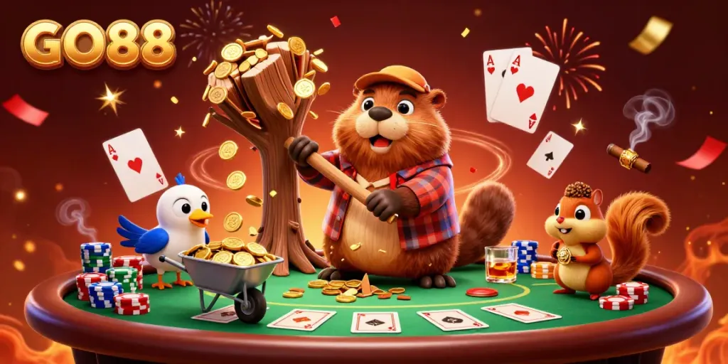 Experience the thrill of gaming with GO88, showcasing a lively poker scene filled with animated characters and golden coins.