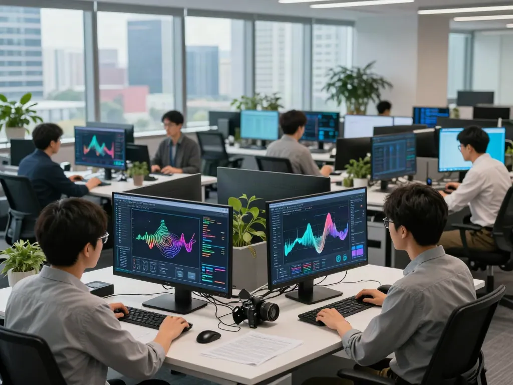 Collaborative team analyzing AI infrastructure data in a modern office.