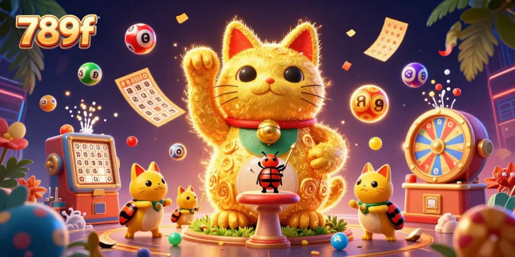 Engage with 789f's vibrant casino scene showcasing a lucky cat surrounded by colorful lottery elements.