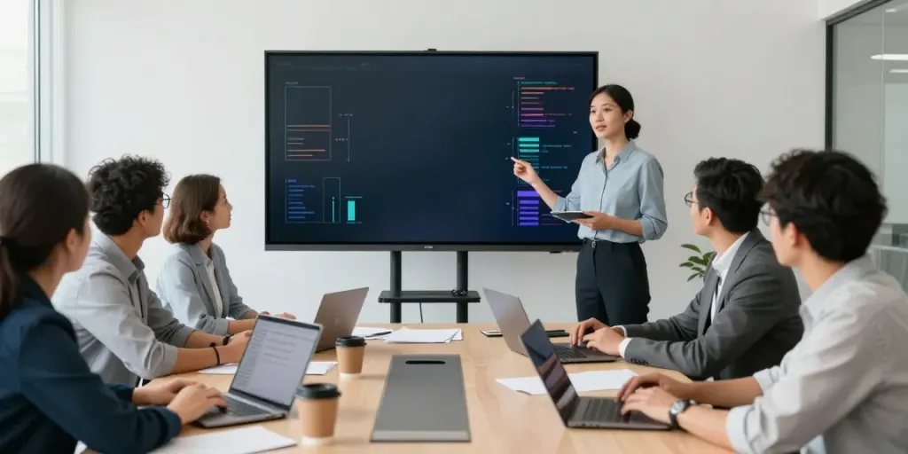 Leadership coaching for managers in a diverse office setting with professionals collaborating.
