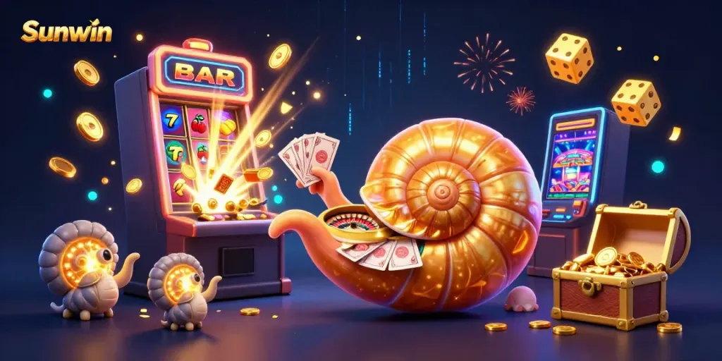 Sunwin players enjoying 3D slot machines, roulette games, and casino excitement in a vibrant setting.