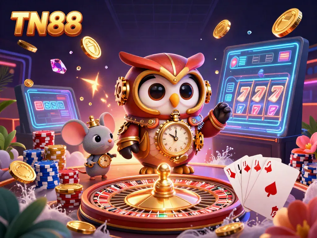 Experience thrilling gambling action at TN88 with a vibrant casino adventure featuring a time-traveler owl.
