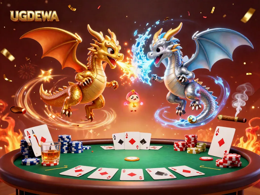 UGDEWA features twin 3D dragon characters battling in a casino-themed scene with poker elements.